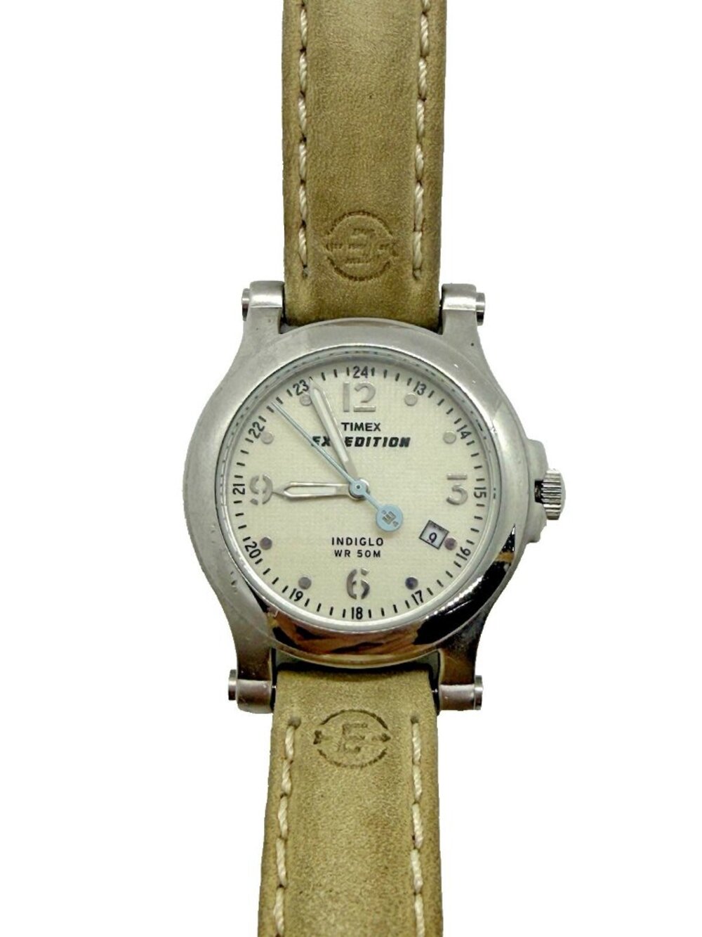 Timex Expedition Indiglo Women's Quartz Watch Silver Tone Tan Leather Band Date